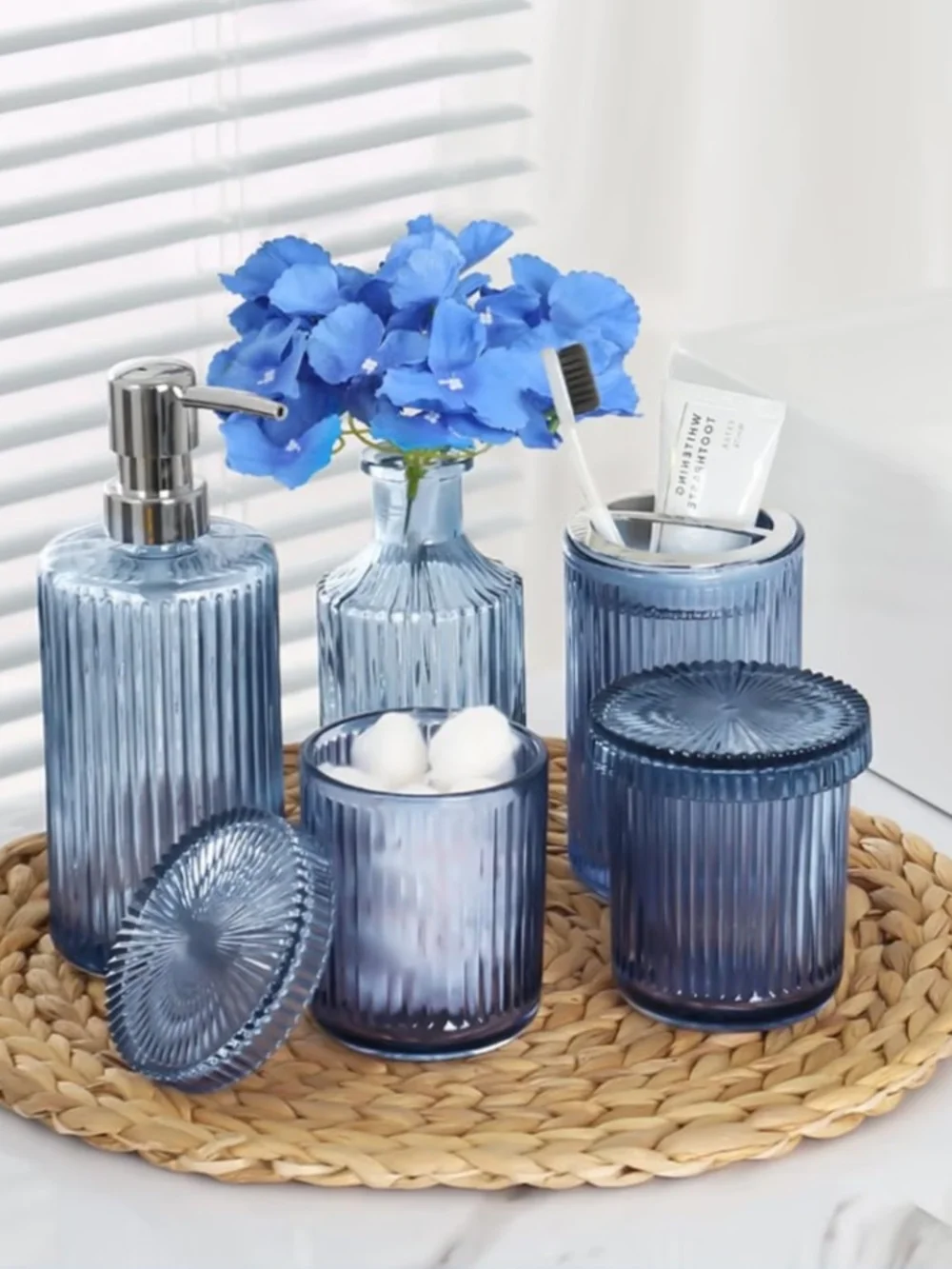 Blue Bathroom Accessories 5 Pcs, Glass Bathroom Accessory Set